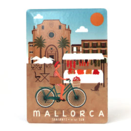 Souvenir de Mallorca, imán metálico magnético, mercado de Santanyi