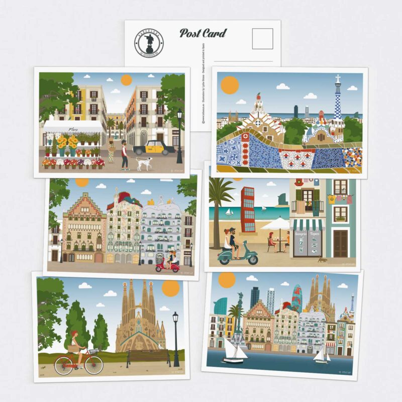 pack 6 postales barcelona, la rambla, par güell, paseo de gracias gaudi, la barceloneta, sagrada familia y skyline barcelona
