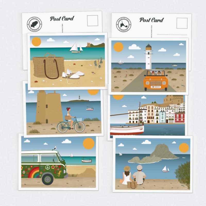 pack 6 postales ibiza y formentera, playa ses salines, torre de ses portes, dált vila, hippie furgo, faro cap barbaria y mehari
