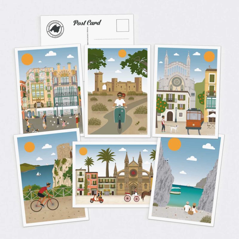 pack 6 postales mallorca #1, edificios can forteza rey y el aguila, castillo bellver, soller iglesia tranvia, torre ses animes y ciclista, palma y catedral, torrent de pareis