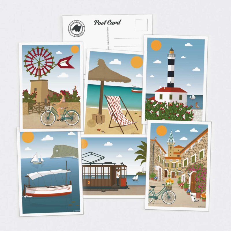 pack 6 postales mallorca #2, molino y bicicleta, es trenc y hamaca, faro de portocolom, na foradada y llaüt, tranvía puerto soller, valldemossa y cartuja