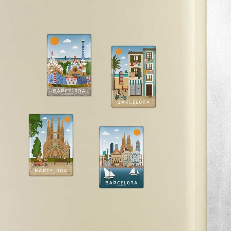 Pack 4 imanes Barcelona, skyline, la barceloneta, la sagrada familia, parc güell