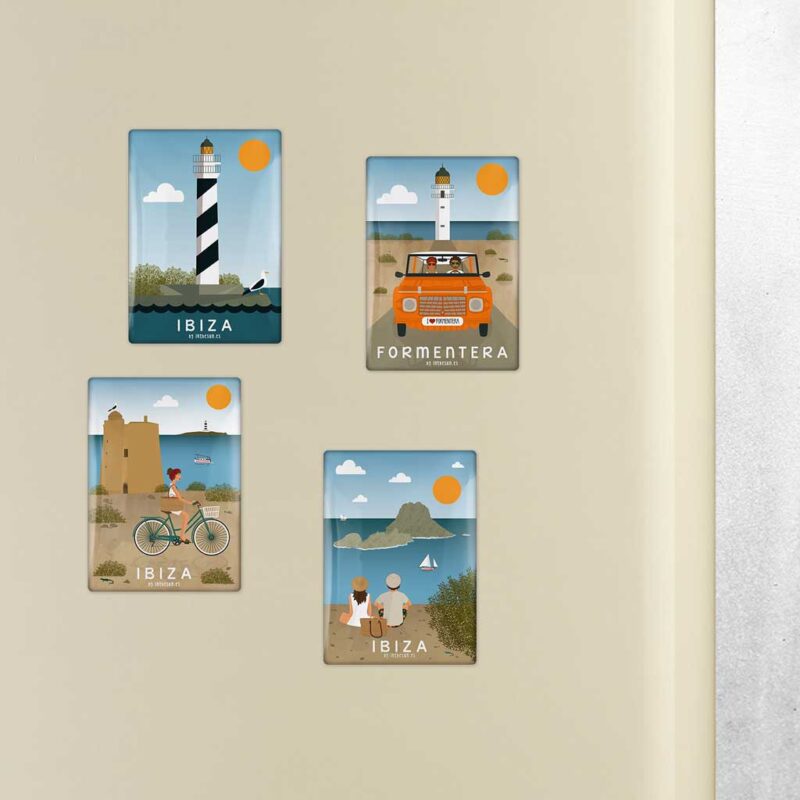 pack 4 imanes ibiza y formentera, es vedra, faro portinatx, torre de ses portes, faro cap barbaria formentera y mehari
