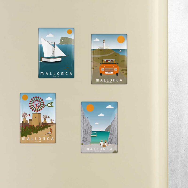 pack 4 imanes mallorca, na foradada, faro de formentor y mehari, molinos y puput, torrent de pareis