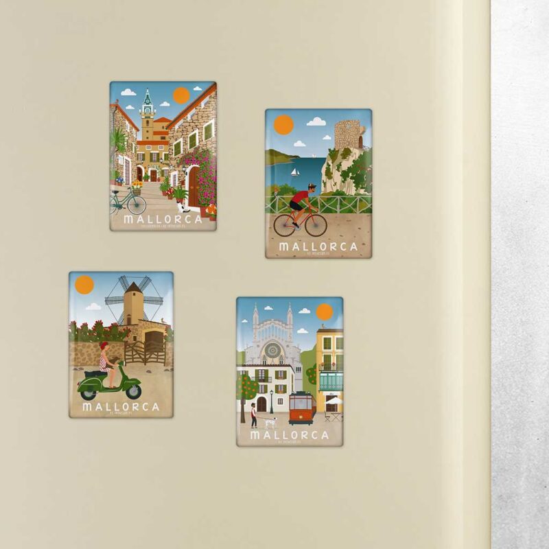 pack 4 imanes mallorca, valldemossa y cartuja, torre de ses animes, molino y vespa, soller iglesia y tranvia