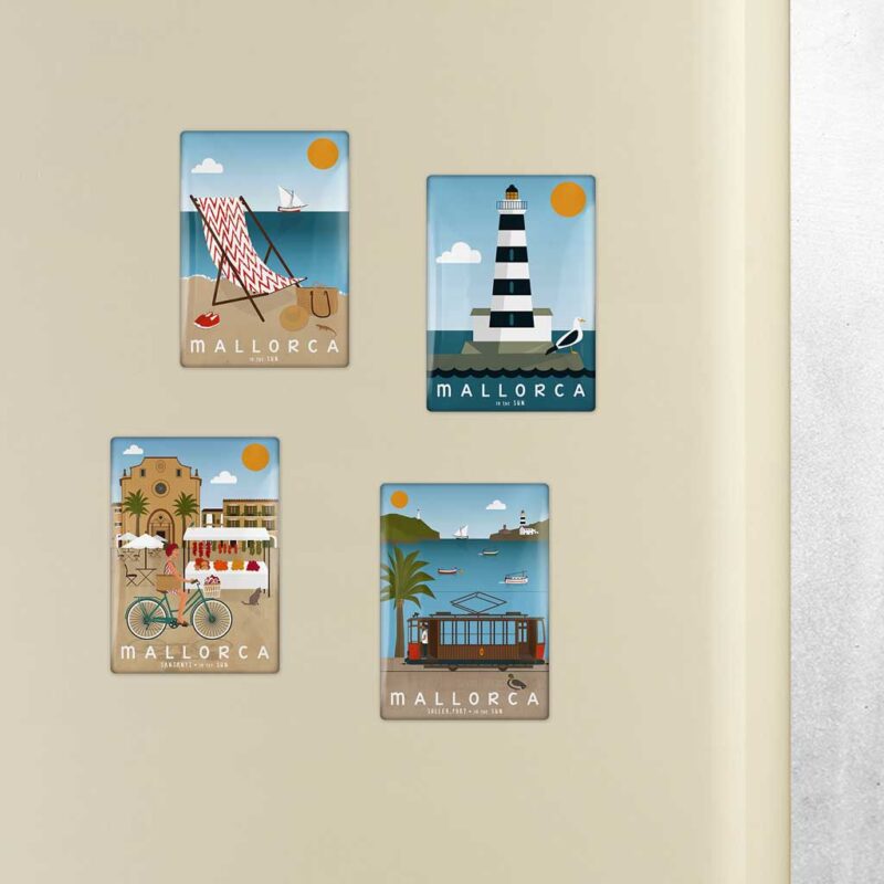 pack 4 imanes mallorca, es trenc y hamaca, faro portocolom, santanyi mercado y bicicleta, tranvia puerto de soller