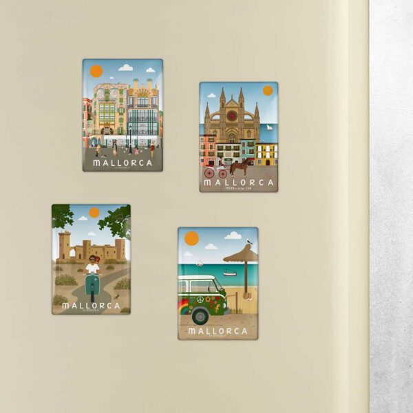 pack 4 imanes mallorca #4, edificios can forteza y aguila palma, palma y catedral, castillo de bellver y playa hippie furgoneta