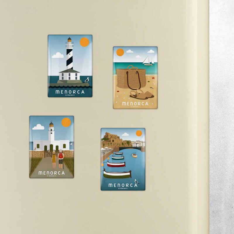 pack 4 imanes menorca, faro cap cavalleria, faro favaritx, avarques y cesta, puerto de ciutadella
