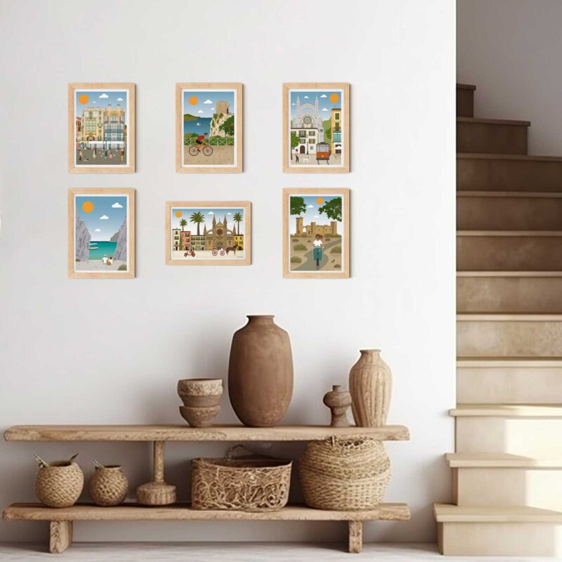 postales decorativas mallorca #1, edificios can forteza rey y el aguila, torre de ses animes y ciclista, soller, iglesia y tranvia, torrent de pareis, palma y catedral y castillo de bellver y vespa