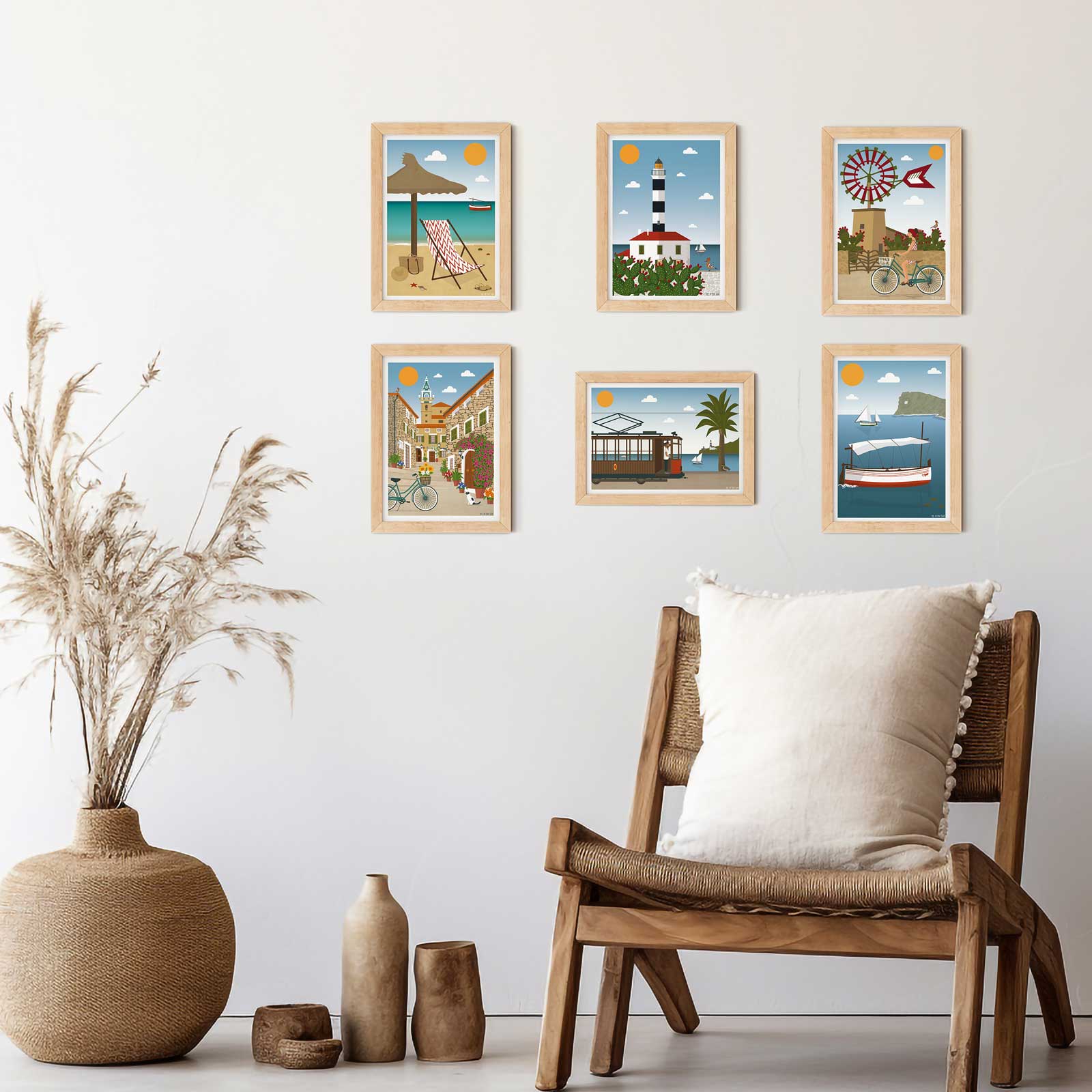 postales decorativas mallorca #2, playa es trenc y hamaca, faro de portocolom, molino y bicicleta, valldemossa y cartuja, puerto soller y tranvia, na foradada y llaut